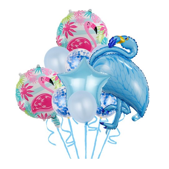 Set Baloane party aniversare, ANGELBEAR, din Folie de aluminiu si Latex, set din 10 baloane Flamigo Party, 1 stea, 5 baloane latex, 2 rotunde, 60 -90 cm, Albastru